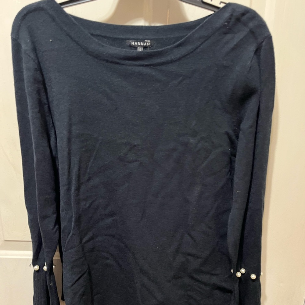 Hannah Navy Long-Sleeve Boatneck Top with Pearl Cuff Accents